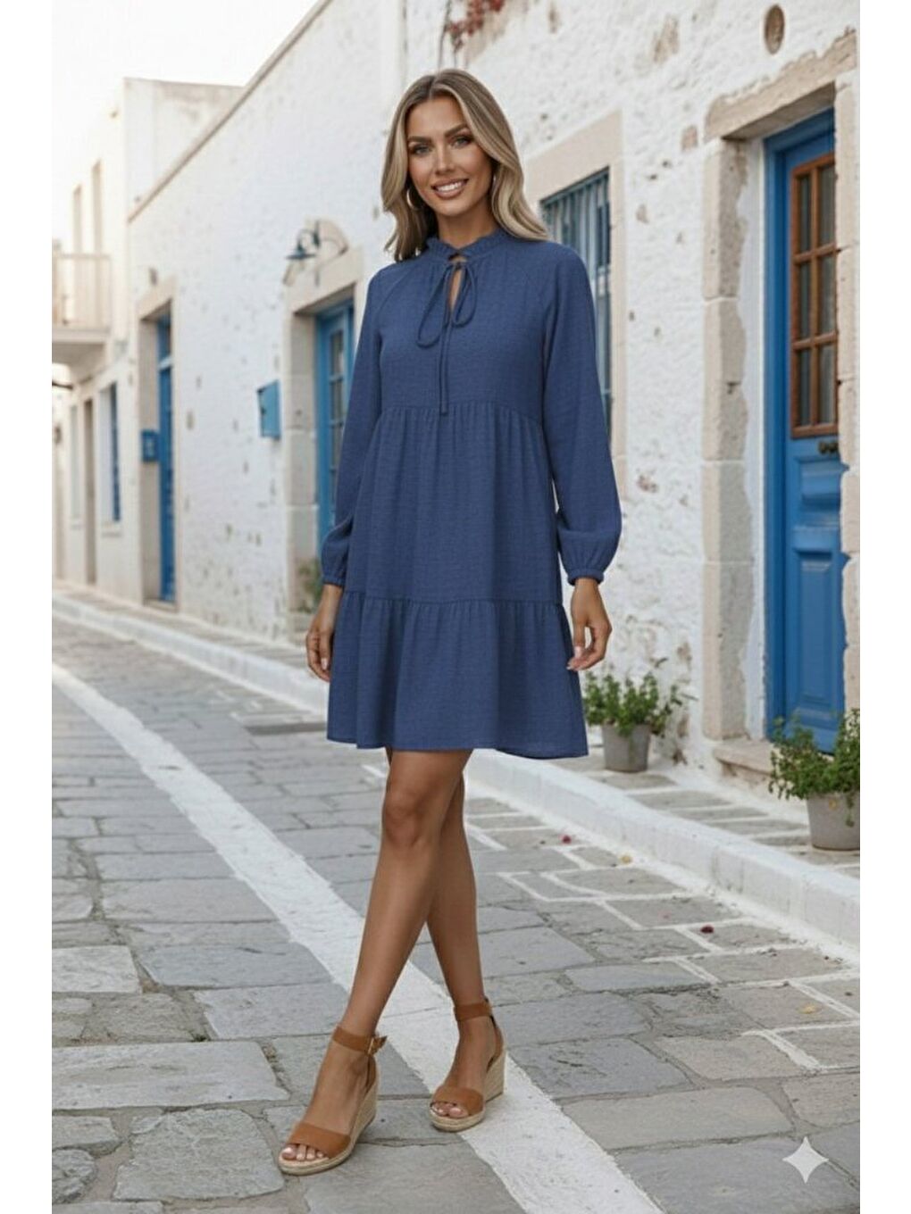 Lacivert Kadın Uzun Kollu Yakadan Bağcıklı Fırfırlı Keten Mini Elbise-2
