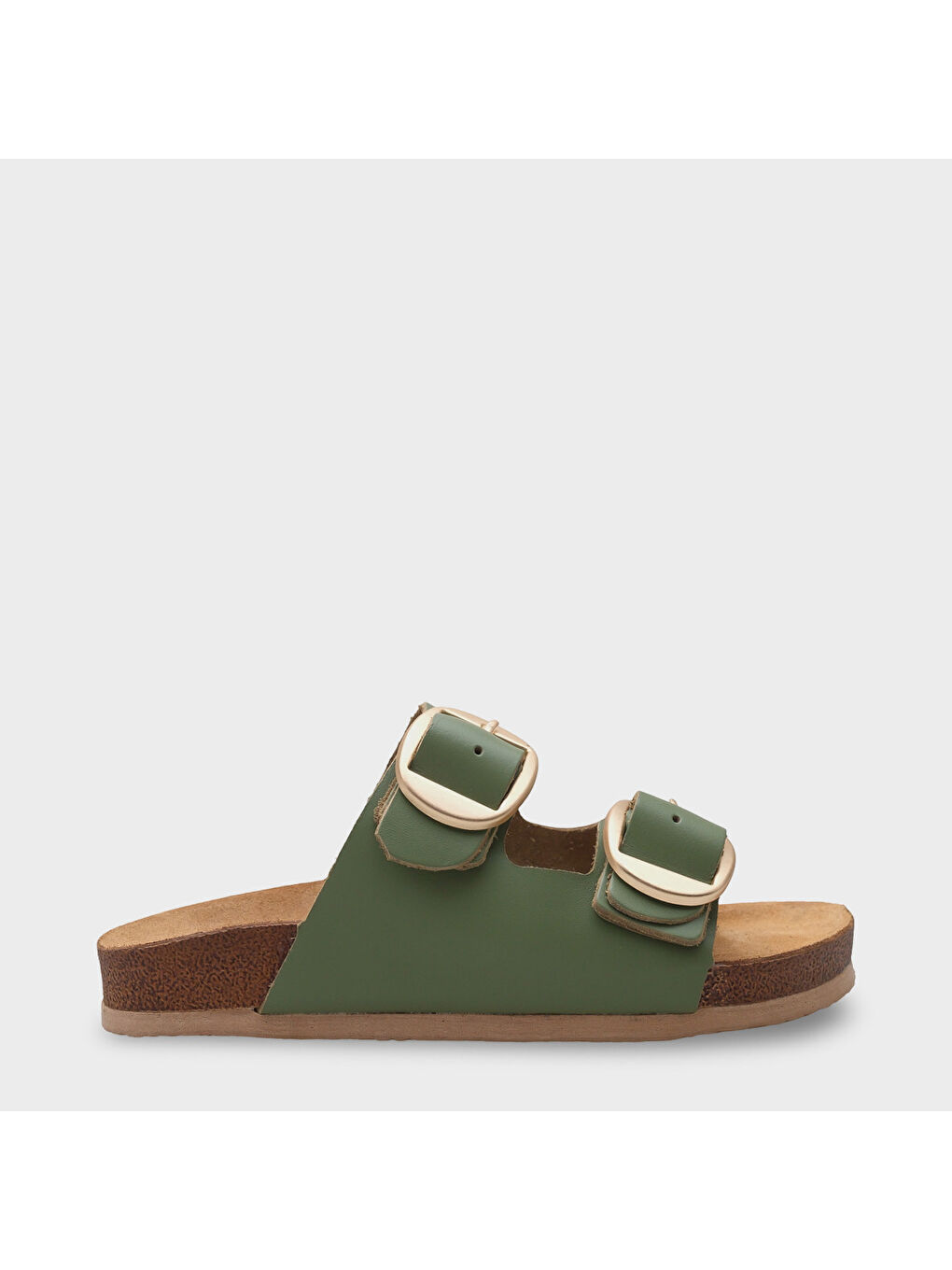 Yeşil Cathie İki Büyük Tokalı Anatomik Mantar Tabanlı Deri Terlik