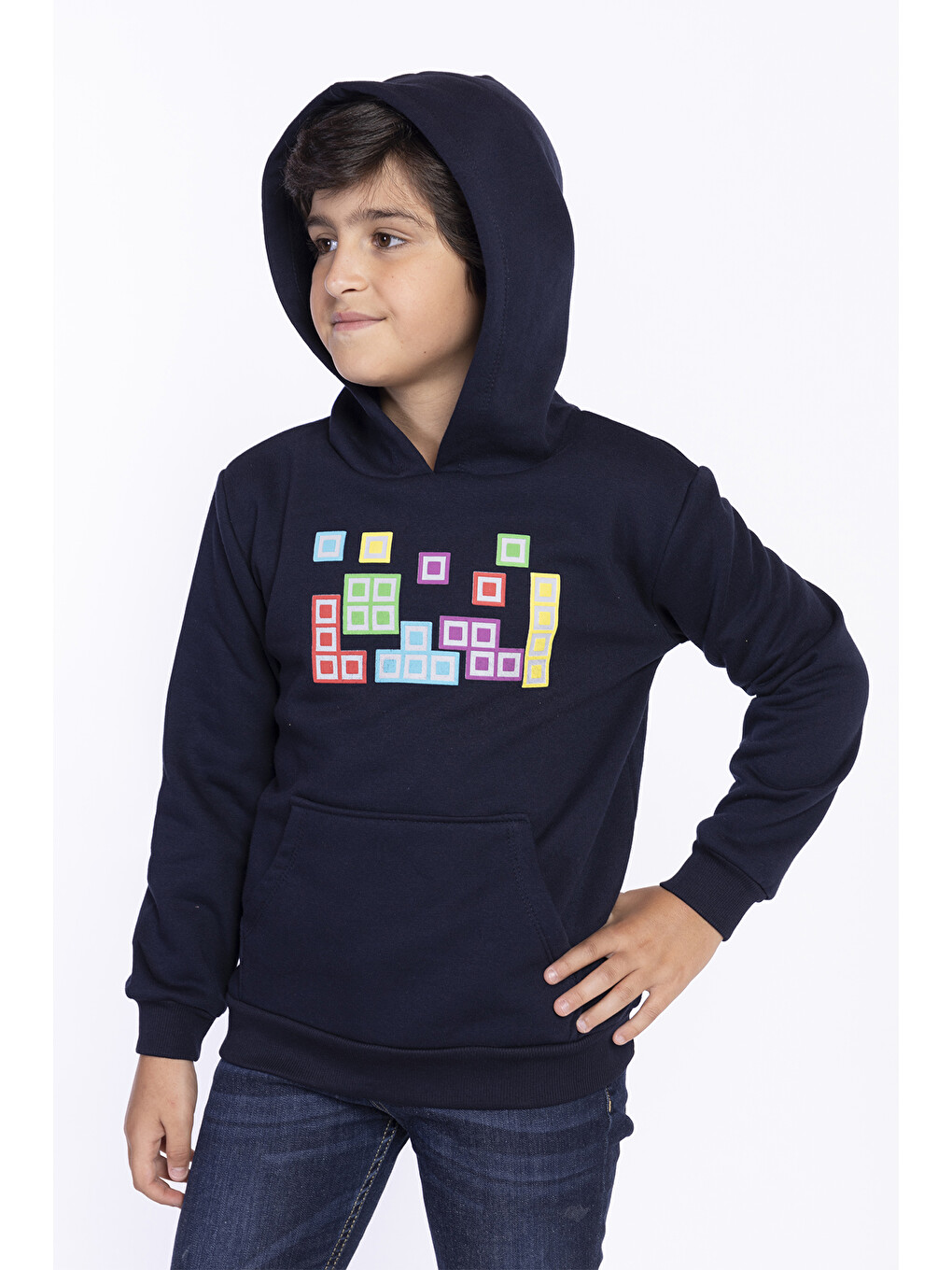 Lacivert Erkek Çocuk Baskılı Kanguru Cepli Sweatshirt