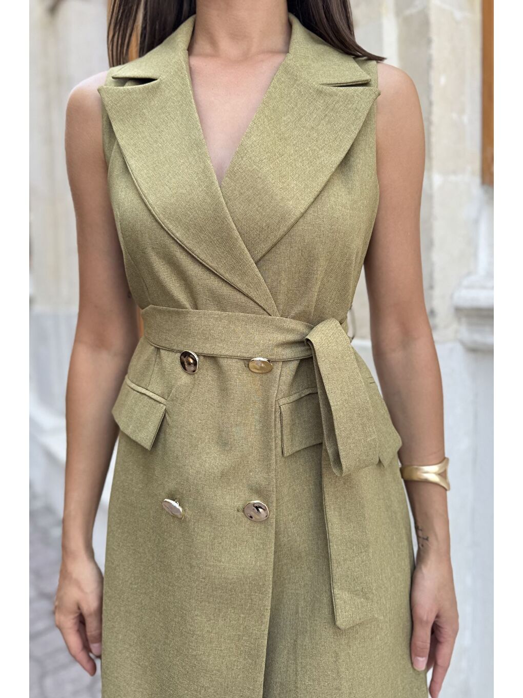 Yeşil Kadın Kruvaze Yaka Gold Düğme Detaylı Elbise-3