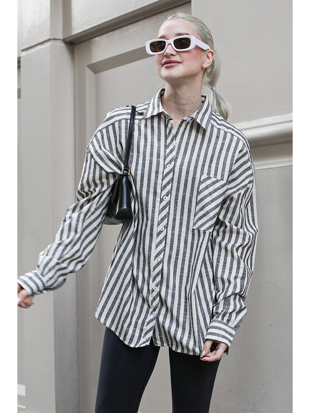 Siyah Çizgili Oversize Kadın Gömlek Mg1729-6