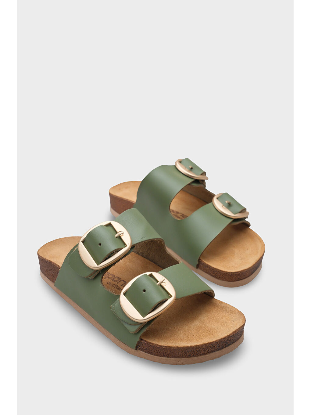 Yeşil Cathie İki Büyük Tokalı Anatomik Mantar Tabanlı Deri Terlik-1