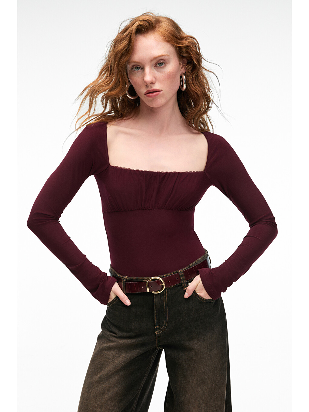 Sılıvra Kadın Havuz Yakalı Esnek Kumaşlı Slim Fit Bordo Bluz