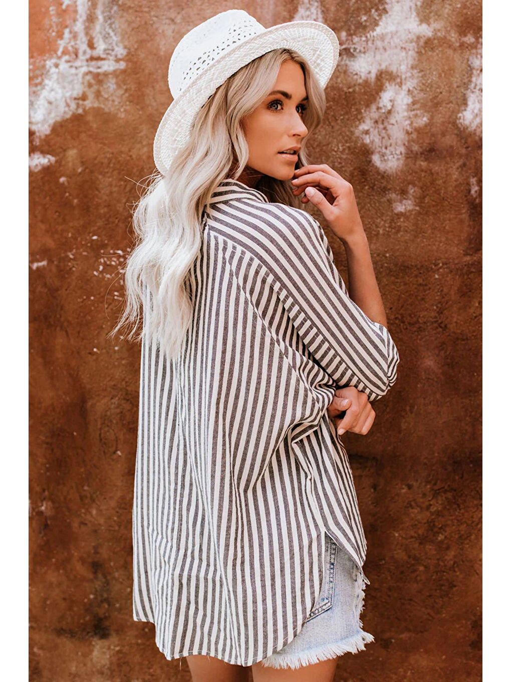 Siyah Çizgili Oversize Kadın Gömlek Mg1729-7