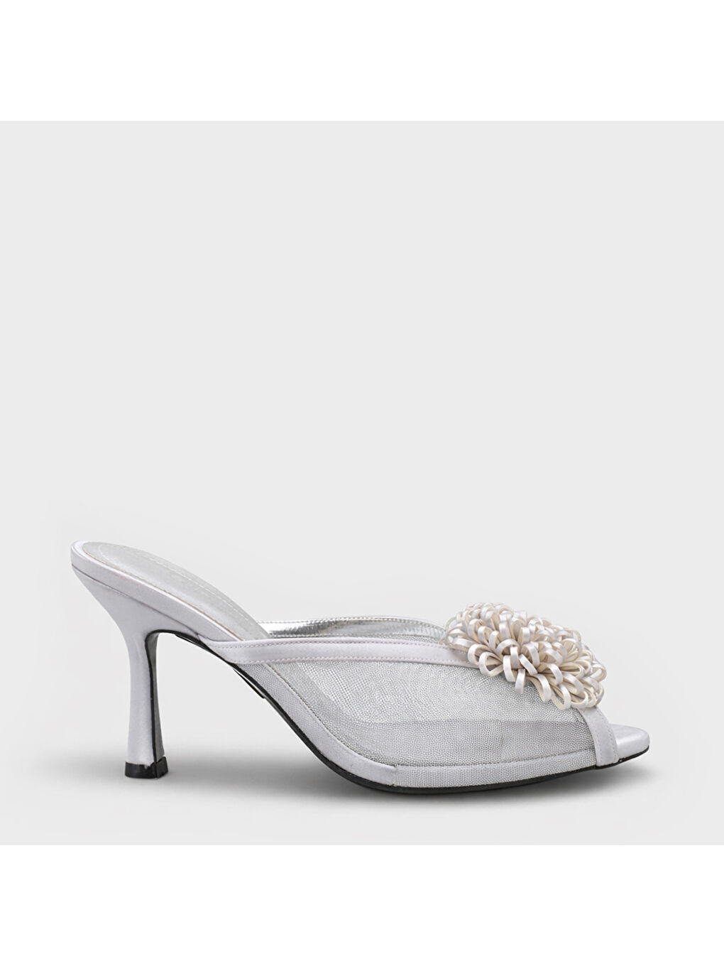 Gri Caitrin Fileli Saten Orta Topuklu Kadın Terlik