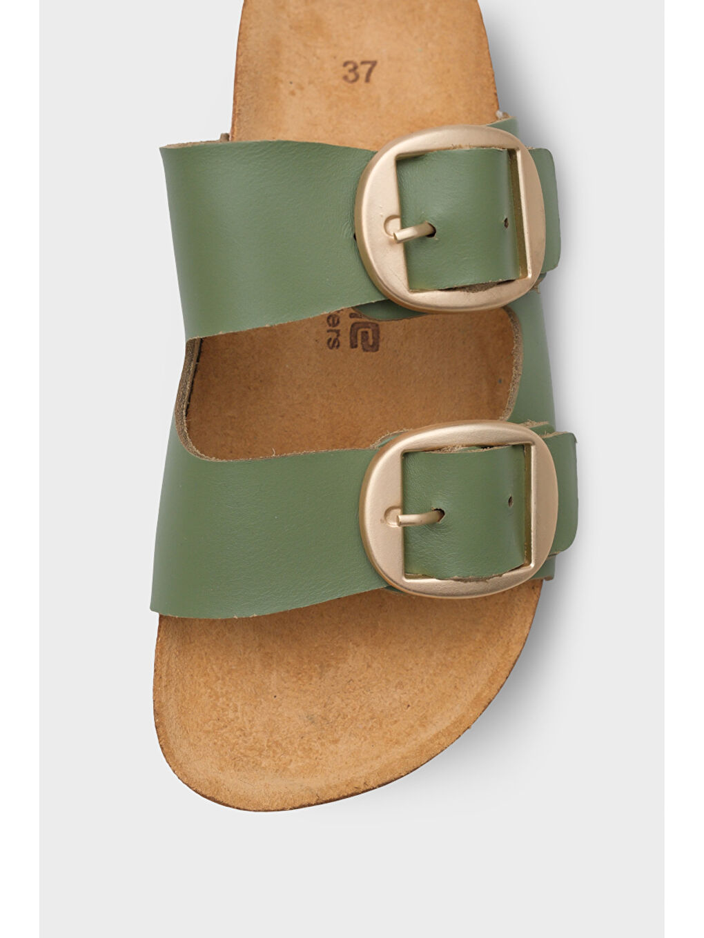 Yeşil Cathie İki Büyük Tokalı Anatomik Mantar Tabanlı Deri Terlik-2