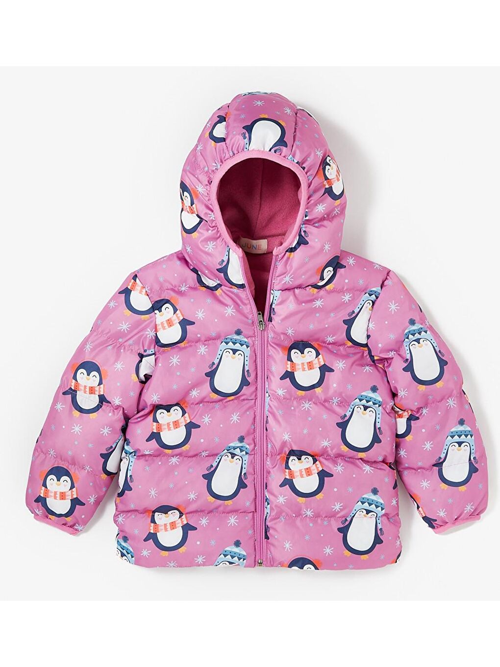 June Pembe Penguen Desenli Içi Polarlı Kız Çocuk Mont