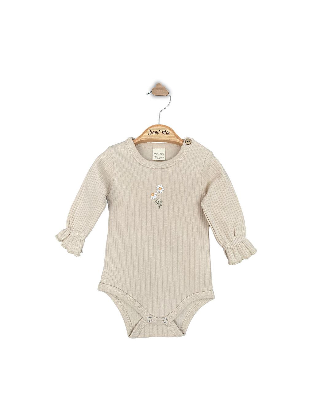 Bej Papatya Nakışlı Şapkalı Bebek Alt Üst Takım-1