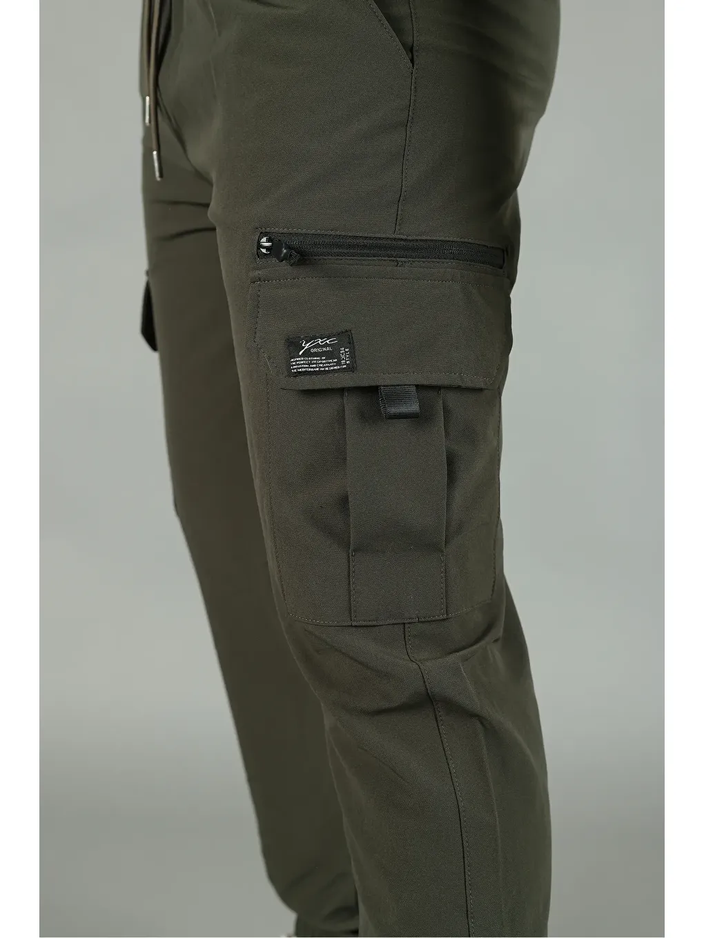 Haki Paraşüt Kumaş Lastik Paça Kargo Cepli Fermuar Detaylı Dar Kesim Jogger Pantolon-1