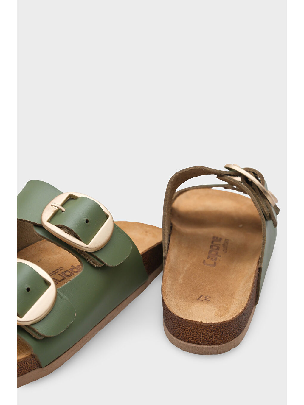 Yeşil Cathie İki Büyük Tokalı Anatomik Mantar Tabanlı Deri Terlik-3