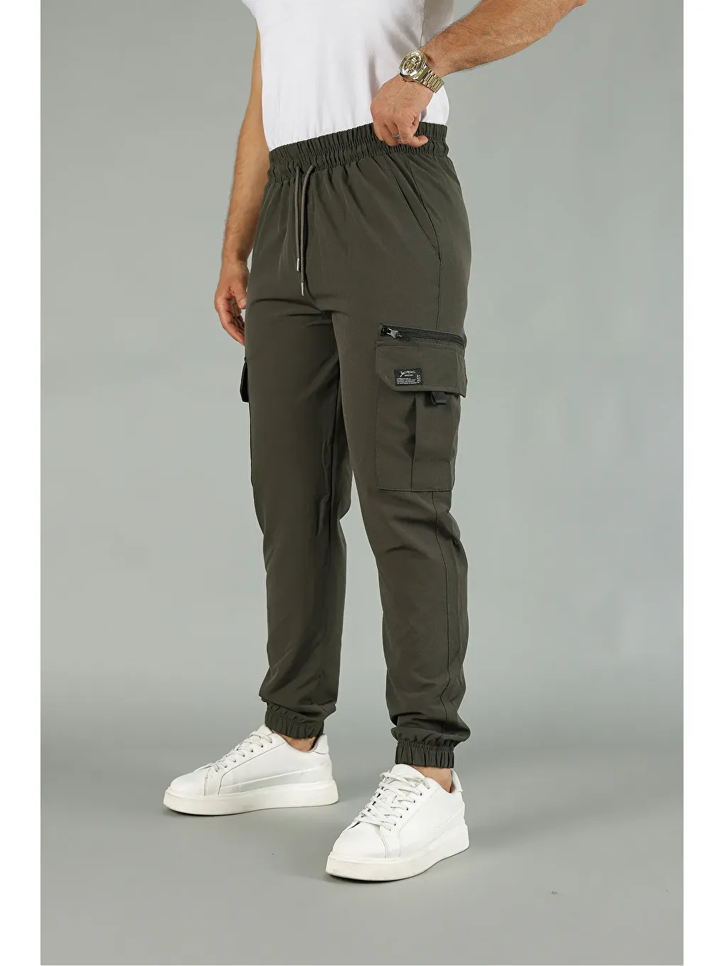 Haki Paraşüt Kumaş Lastik Paça Kargo Cepli Fermuar Detaylı Dar Kesim Jogger Pantolon-2