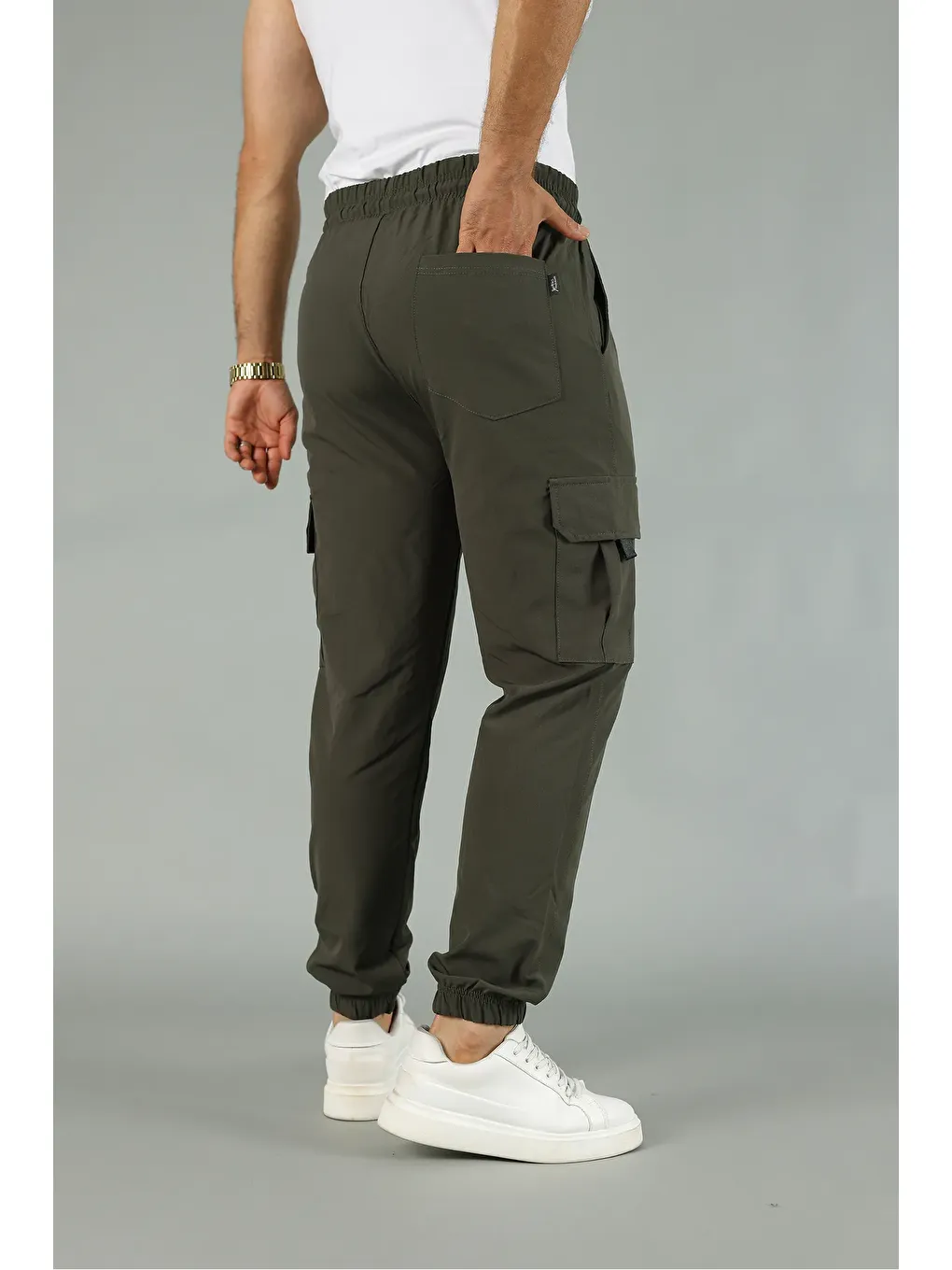 Haki Paraşüt Kumaş Lastik Paça Kargo Cepli Fermuar Detaylı Dar Kesim Jogger Pantolon-3