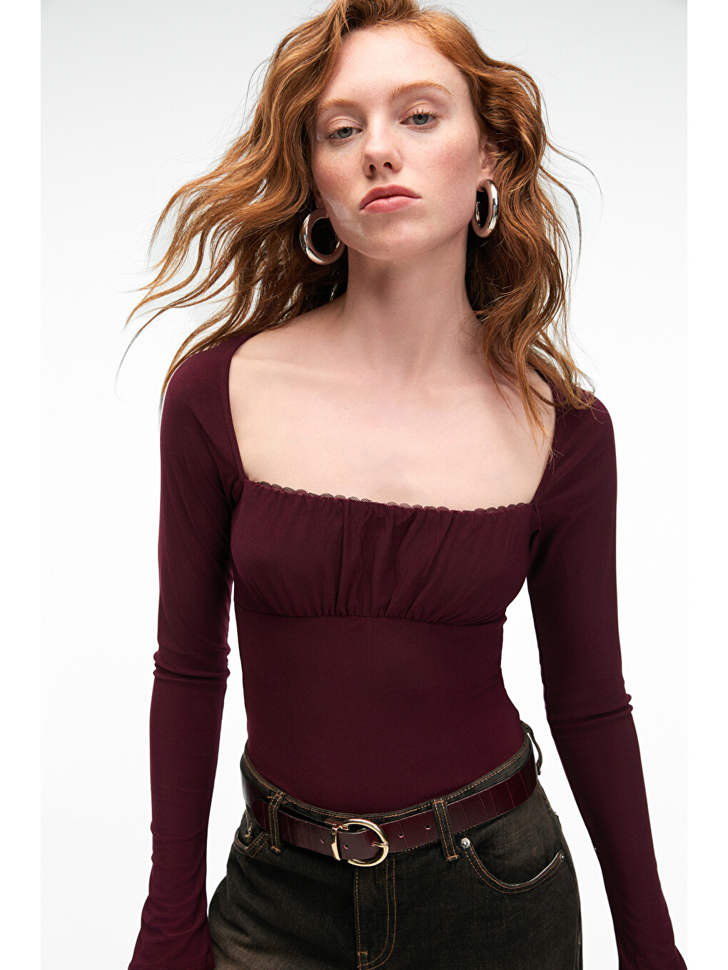 Sılıvra Kadın Havuz Yakalı Esnek Kumaşlı Slim Fit Bordo Bluz-1