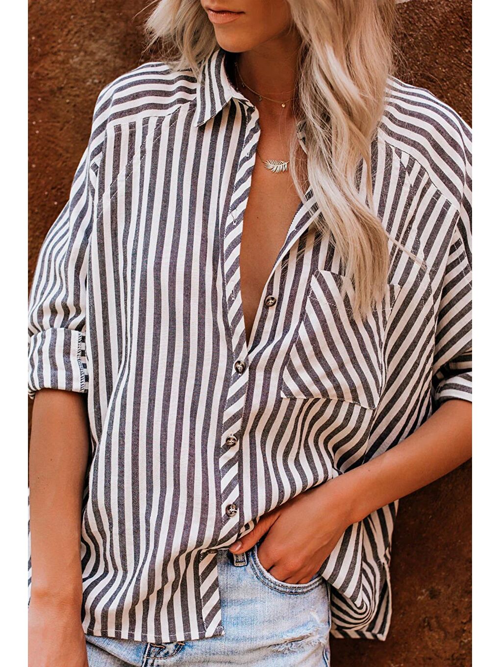 Siyah Çizgili Oversize Kadın Gömlek Mg1729-8