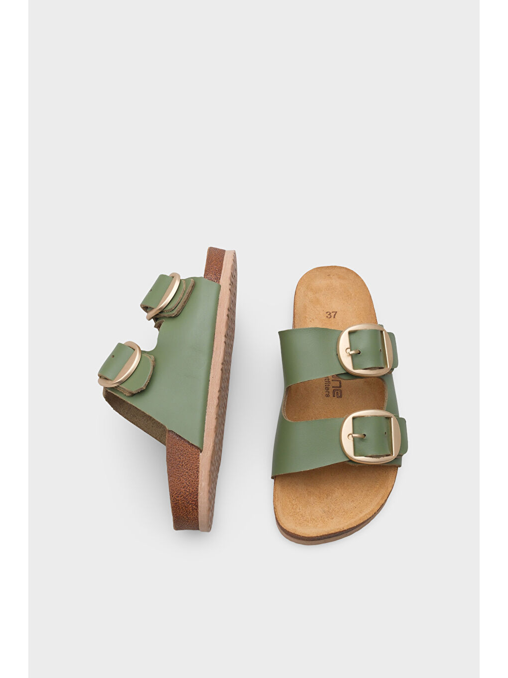 Yeşil Cathie İki Büyük Tokalı Anatomik Mantar Tabanlı Deri Terlik-4