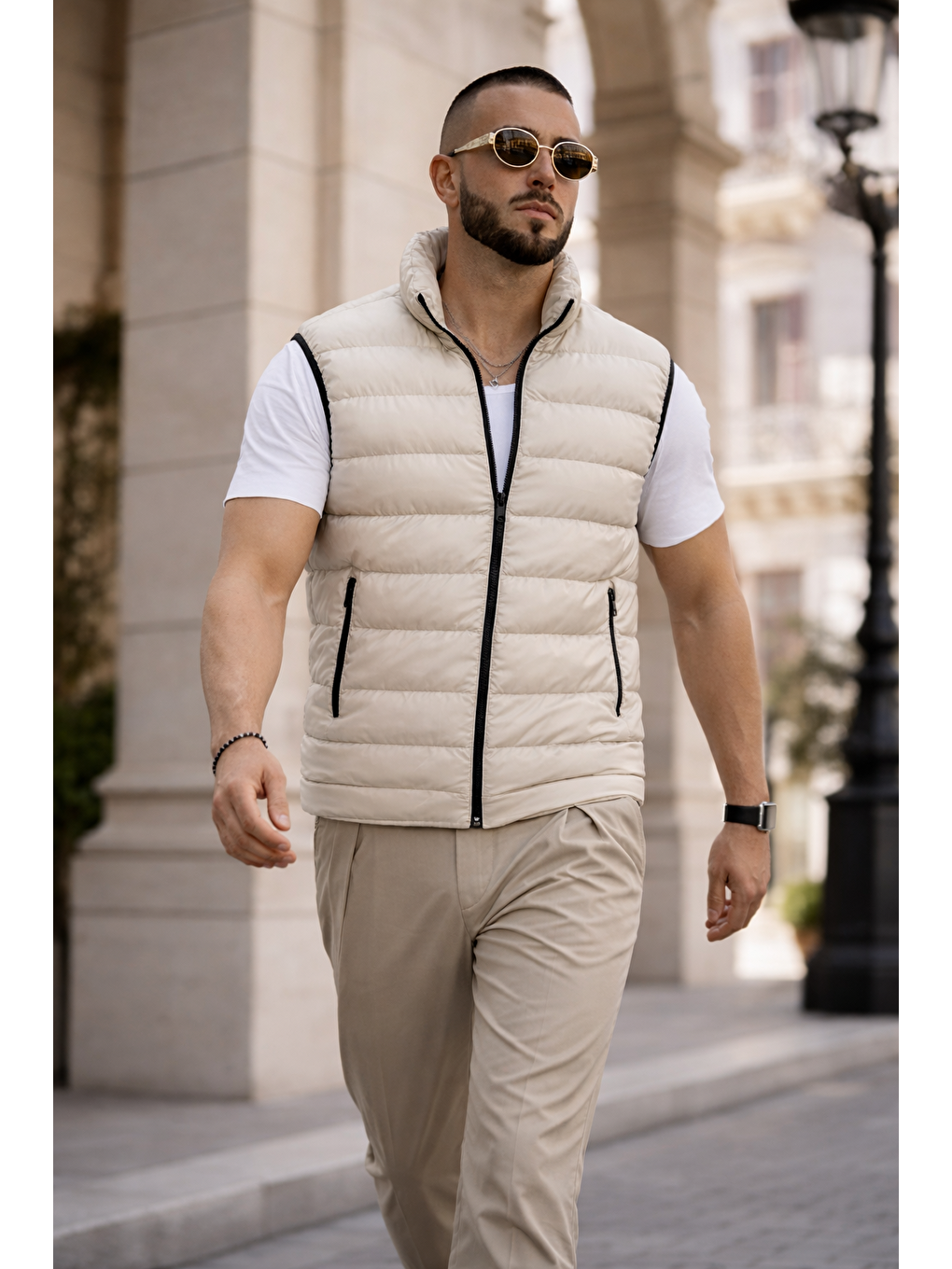 Ekru Erkek Kışlık Astarlı Basic Krem Şişme Yelek-2