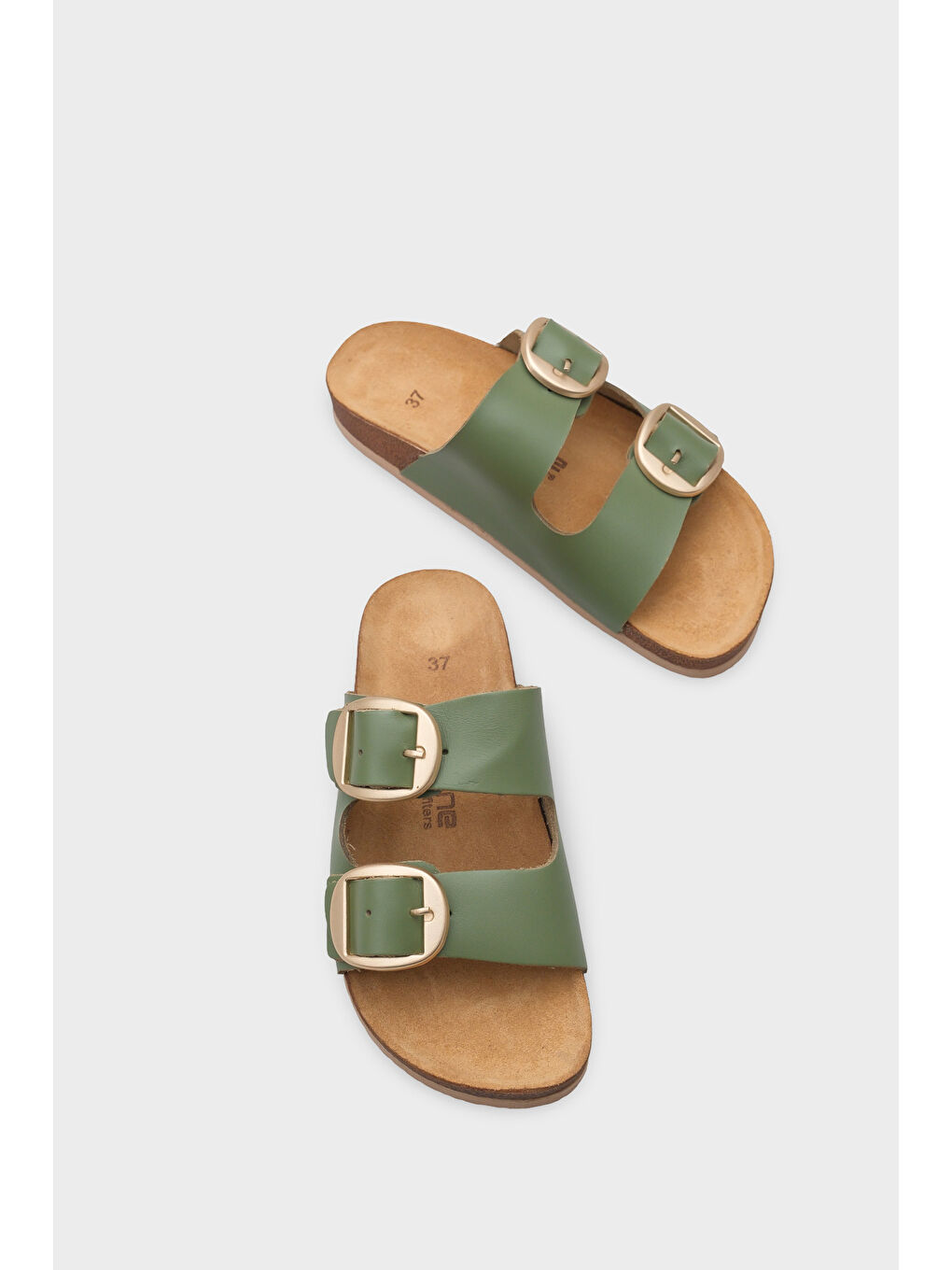 Yeşil Cathie İki Büyük Tokalı Anatomik Mantar Tabanlı Deri Terlik-5