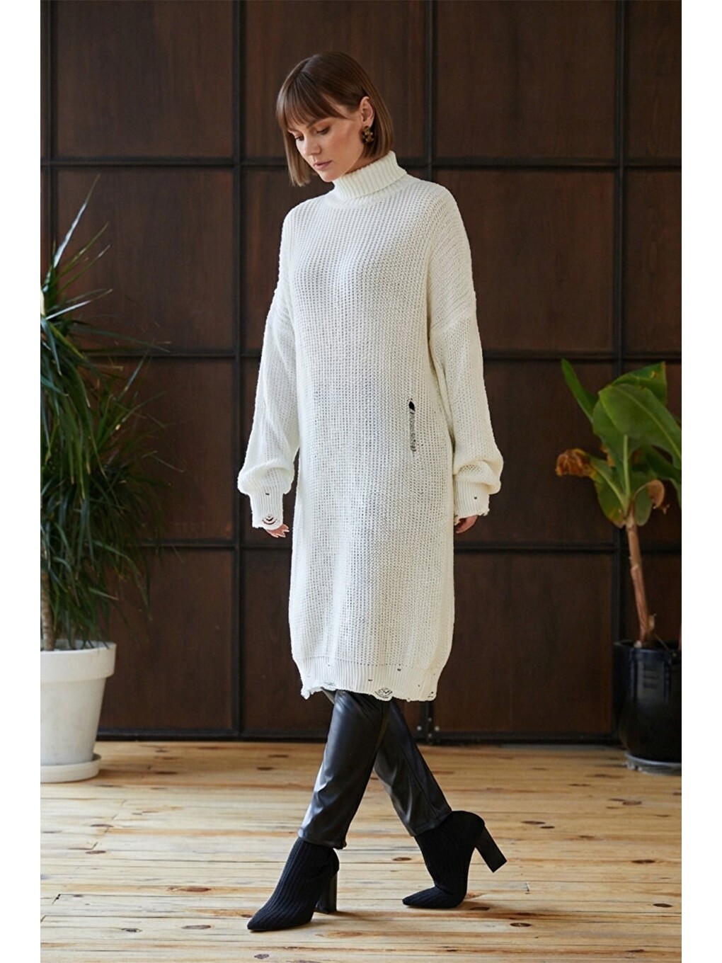 Ekru Balıkçı Yaka Triko Tunik-1