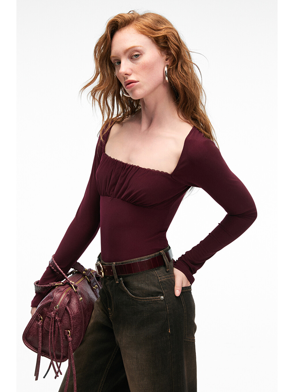 Sılıvra Kadın Havuz Yakalı Esnek Kumaşlı Slim Fit Bordo Bluz-2