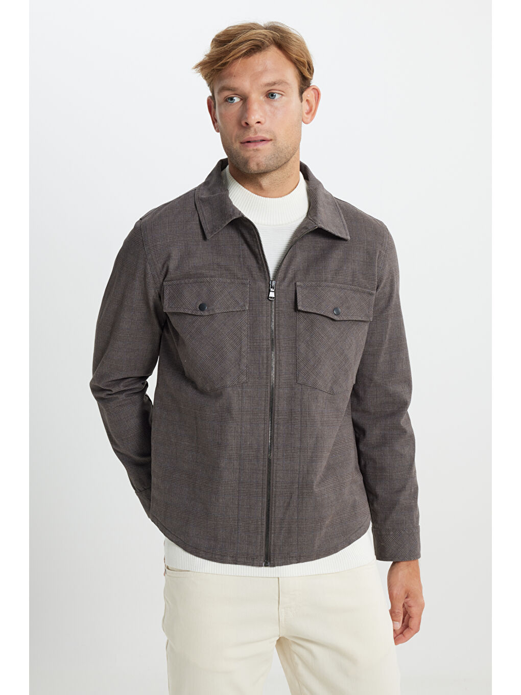 Erkek Kahverengi Standart Fit Normal Kesim Pamuklu Yan Cep Gömlek Ceket-2