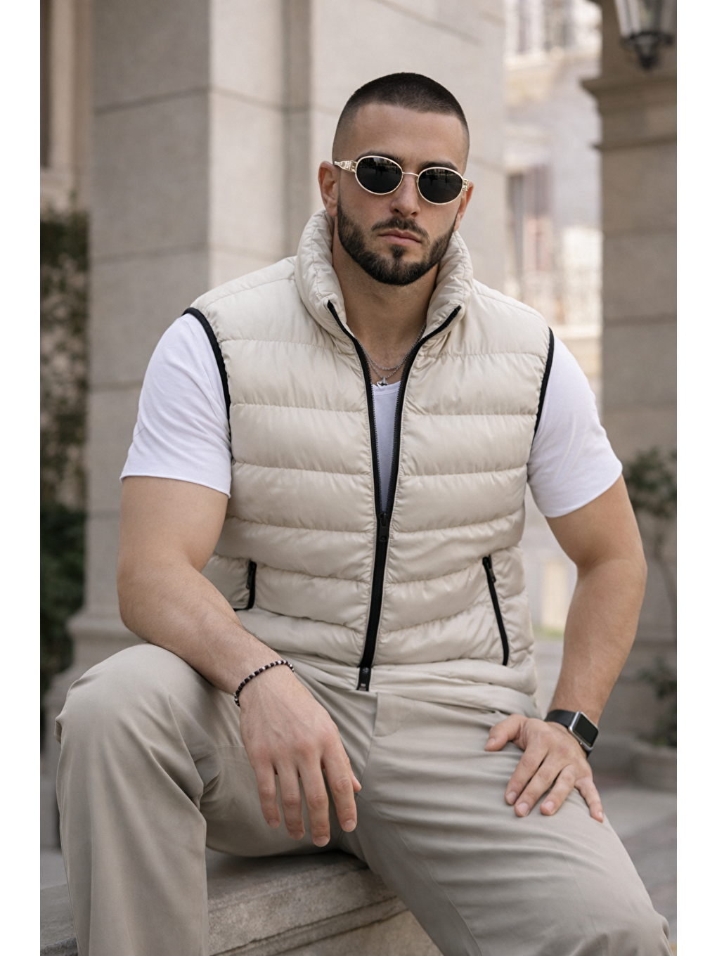 Ekru Erkek Kışlık Astarlı Basic Krem Şişme Yelek-3