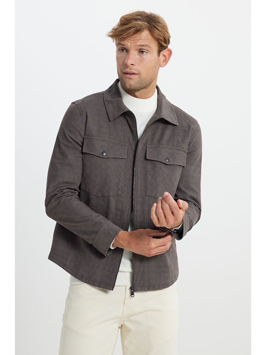 Erkek Kahverengi Standart Fit Normal Kesim Pamuklu Yan Cep Gömlek Ceket-3