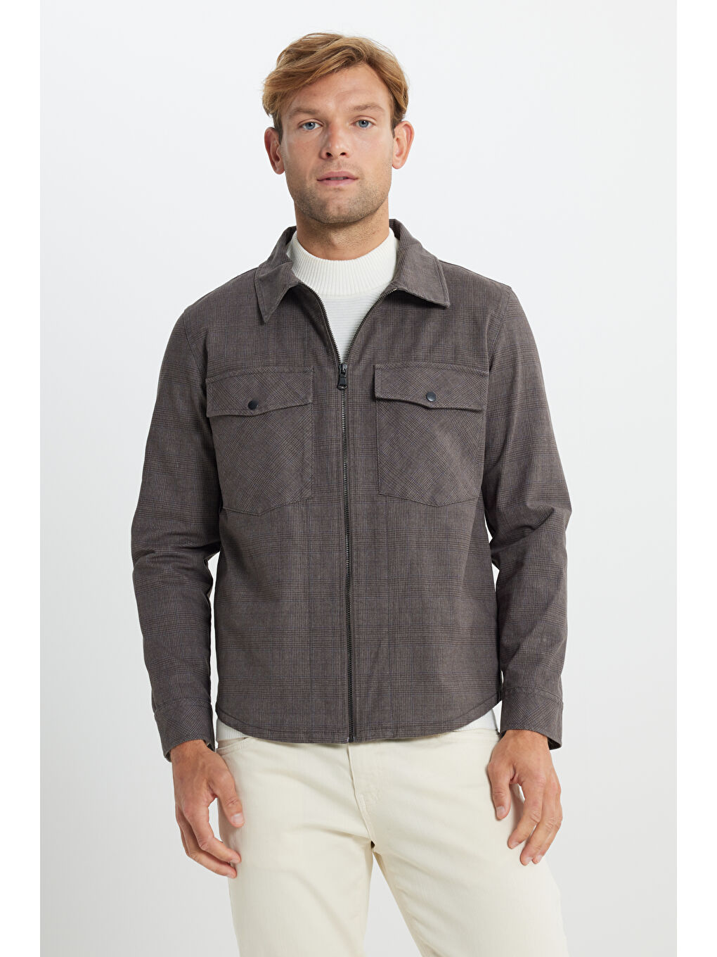 Erkek Kahverengi Standart Fit Normal Kesim Pamuklu Yan Cep Gömlek Ceket-4