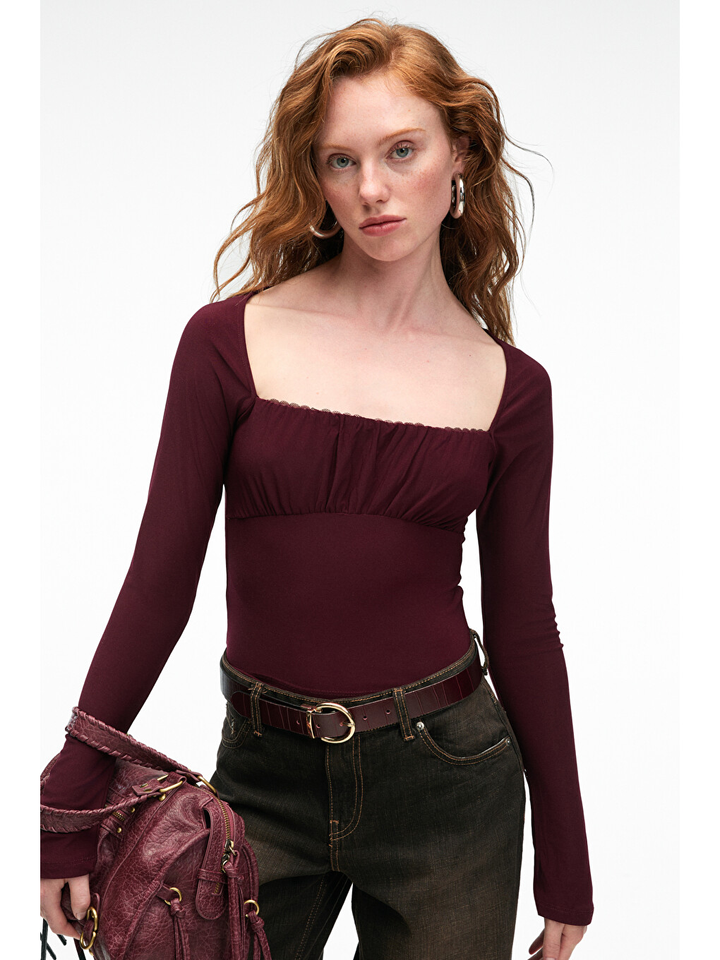 Sılıvra Kadın Havuz Yakalı Esnek Kumaşlı Slim Fit Bordo Bluz-3