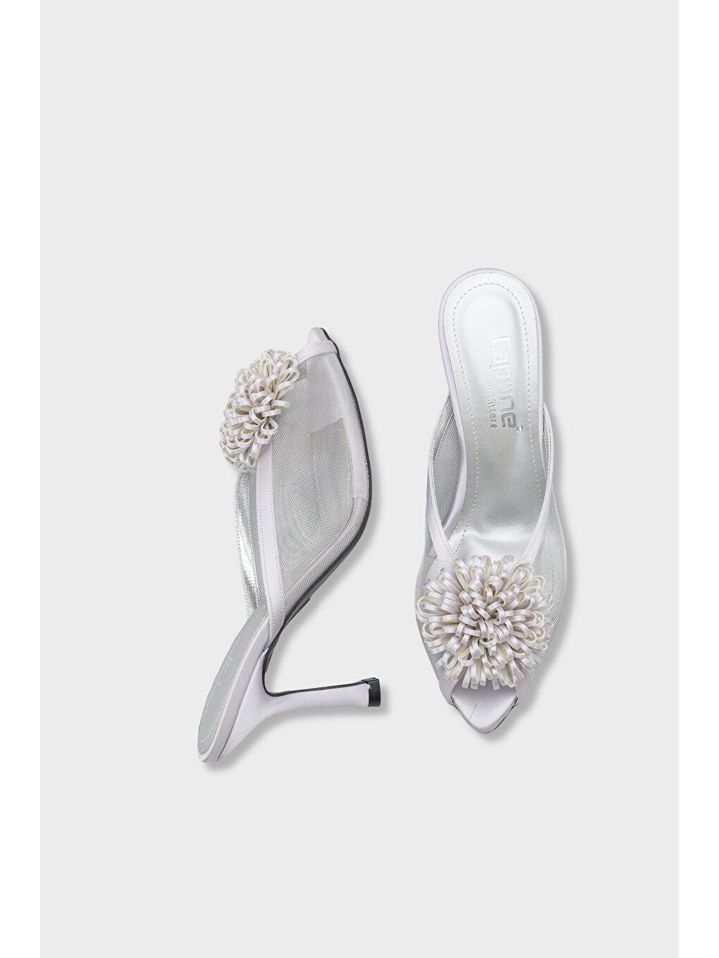 Gri Caitrin Fileli Saten Orta Topuklu Kadın Terlik-3