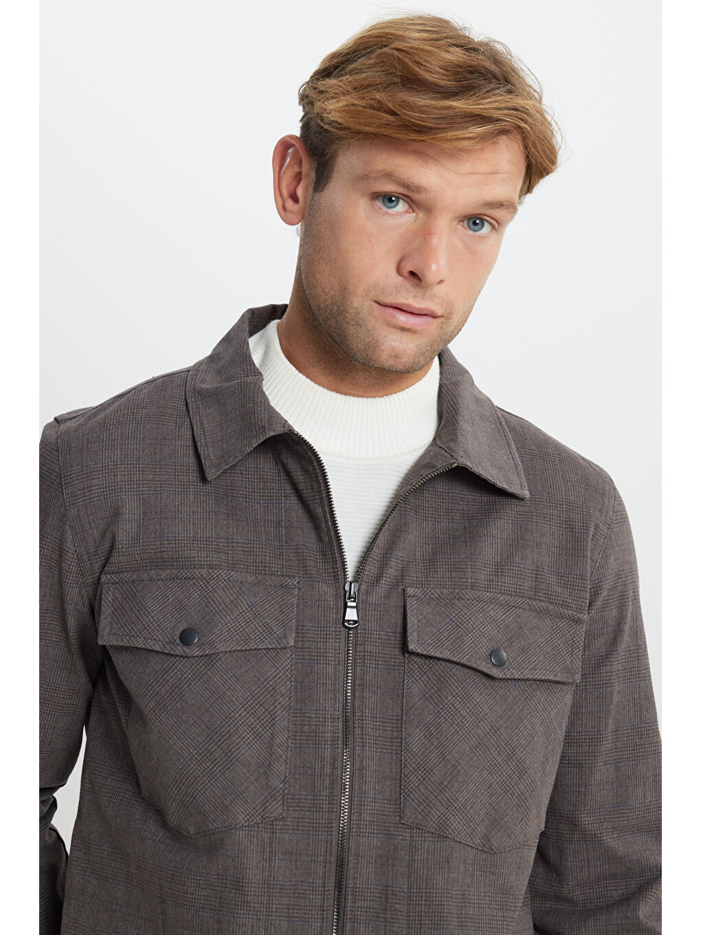 Erkek Kahverengi Standart Fit Normal Kesim Pamuklu Yan Cep Gömlek Ceket-5