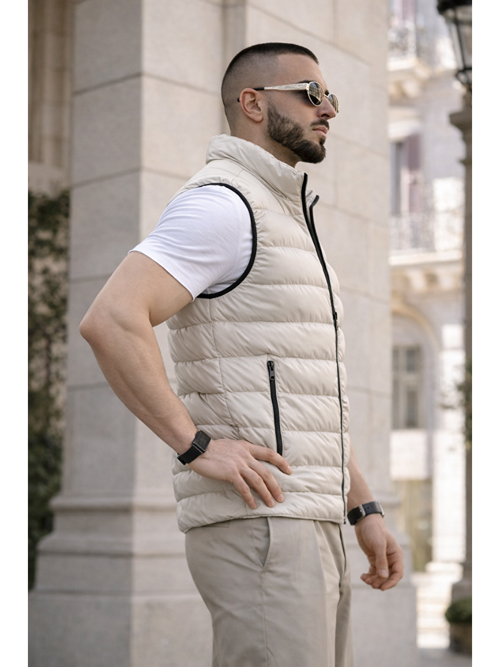 Ekru Erkek Kışlık Astarlı Basic Krem Şişme Yelek-4