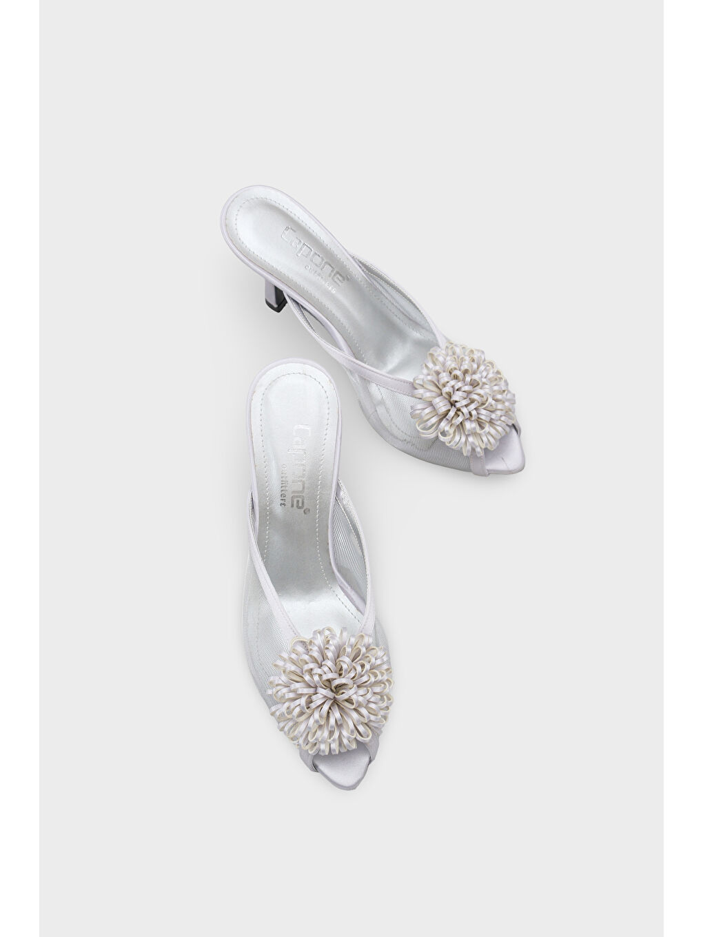 Gri Caitrin Fileli Saten Orta Topuklu Kadın Terlik-4