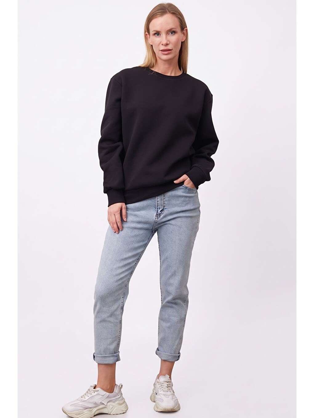 Siyah Basic Oversize Bisiklet Yaka Sweatshirt-1