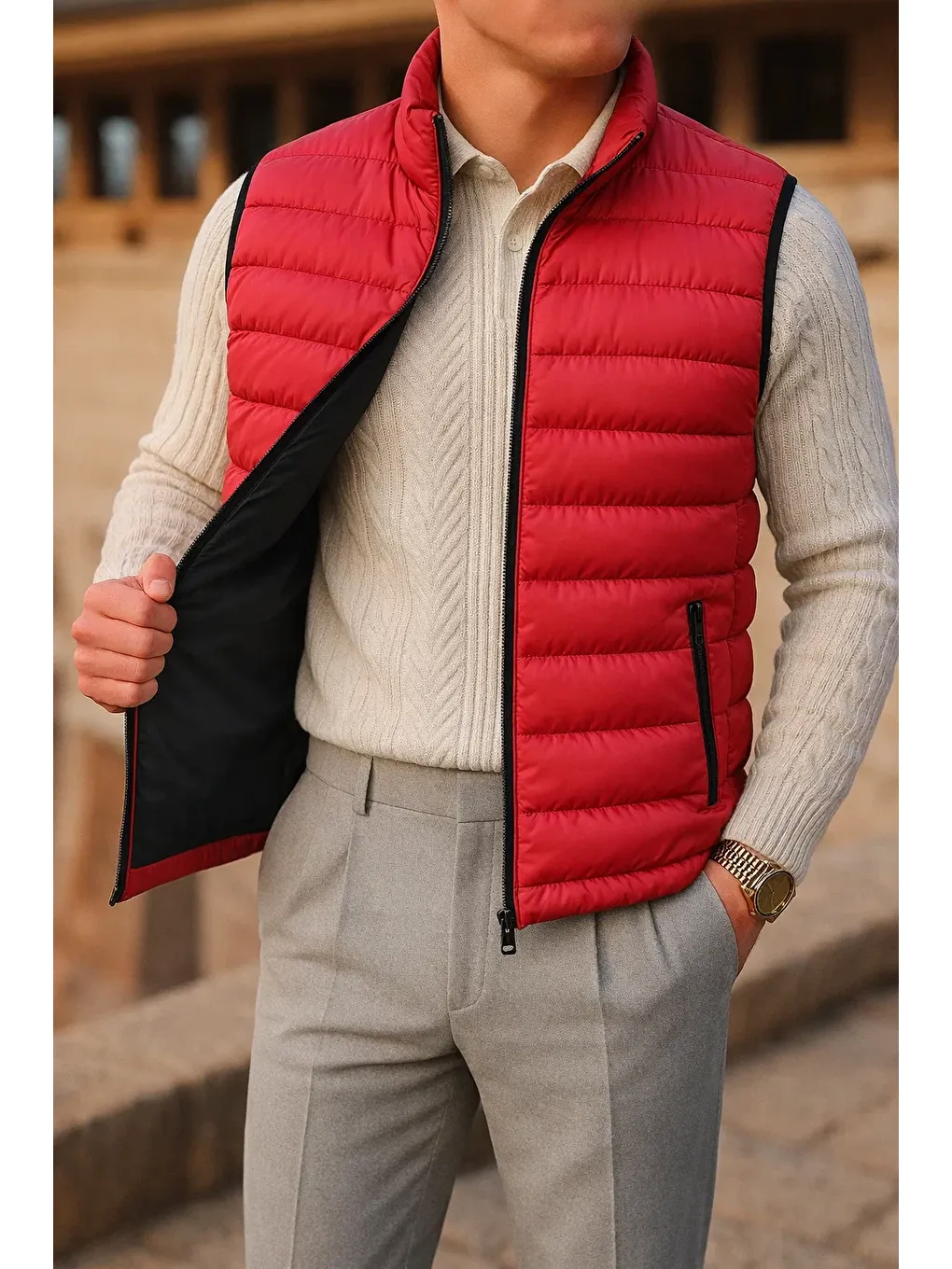 Erkek Kışlık Comfort Kolsuz Astarlı Siyah Kırmızı Yelek-1
