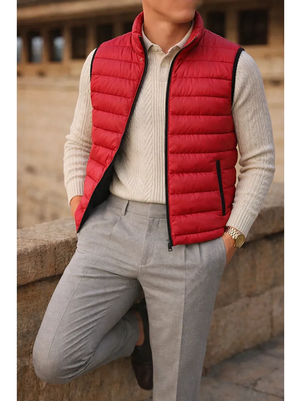 Erkek Kışlık Comfort Kolsuz Astarlı Siyah Kırmızı Yelek-2