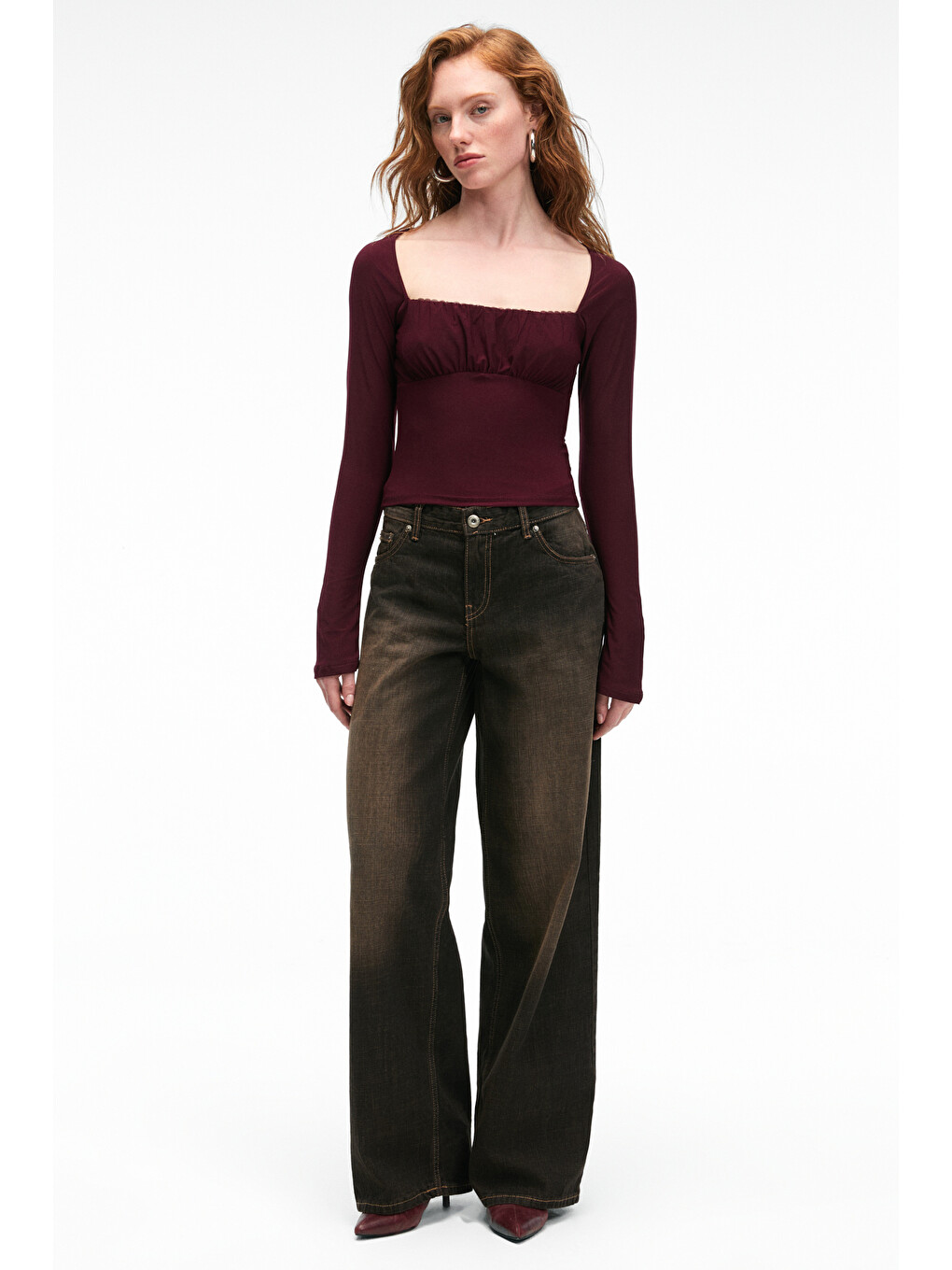 Sılıvra Kadın Havuz Yakalı Esnek Kumaşlı Slim Fit Bordo Bluz-5
