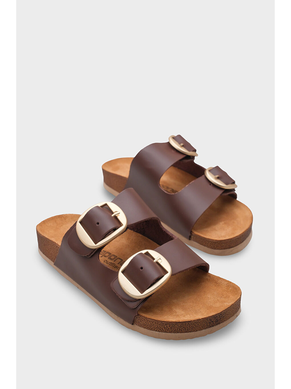 Kahverengi Cathie İki Büyük Tokalı Anatomik Mantar Tabanlı Deri Terlik-1