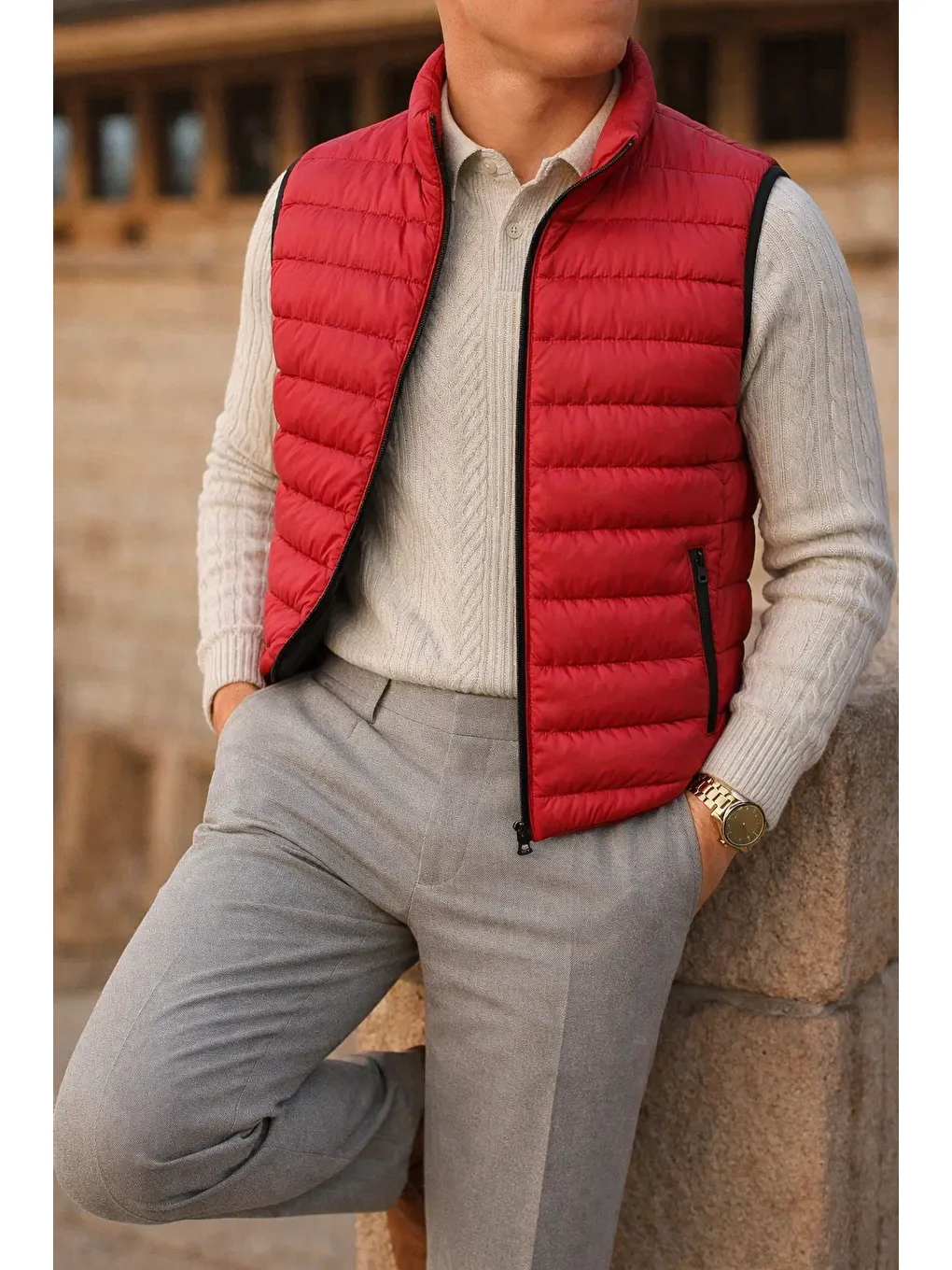 Erkek Kışlık Comfort Kolsuz Astarlı Siyah Kırmızı Yelek-3