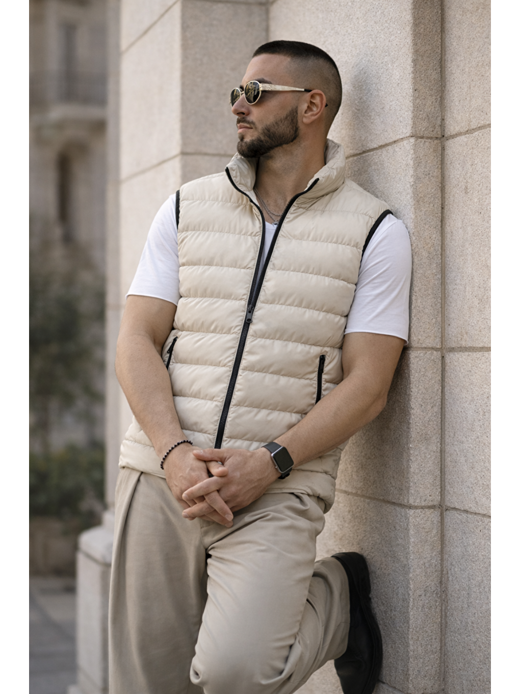 Ekru Erkek Kışlık Astarlı Basic Krem Şişme Yelek-5