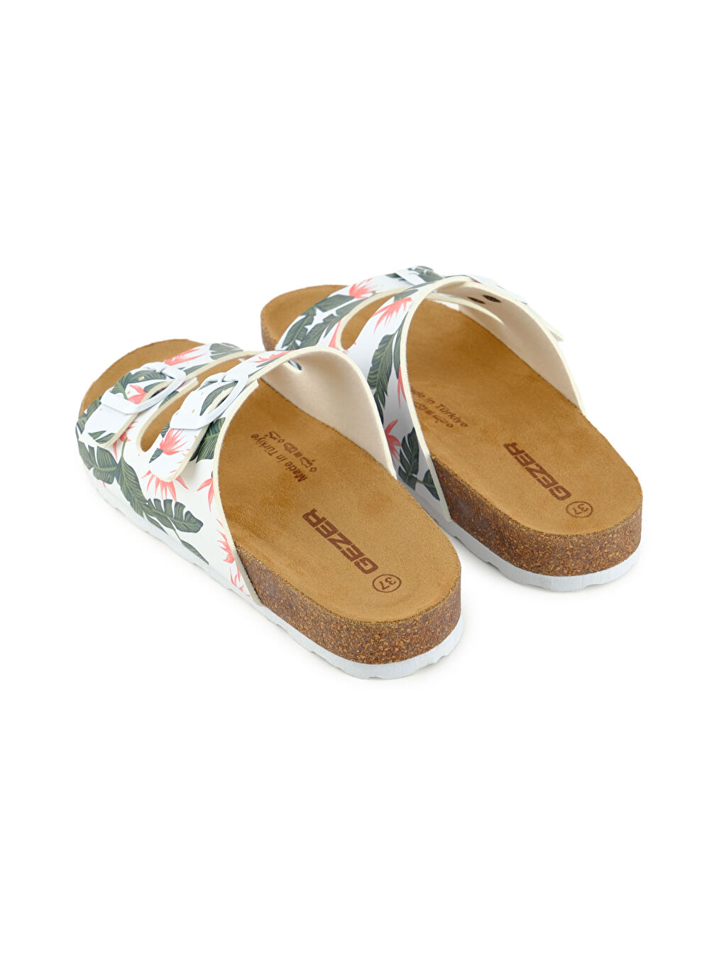 Beyaz Kadın Yazlık Rahat Mantar PVC Taban İki Toka Ayarlanabilir Günlük Terlik-3