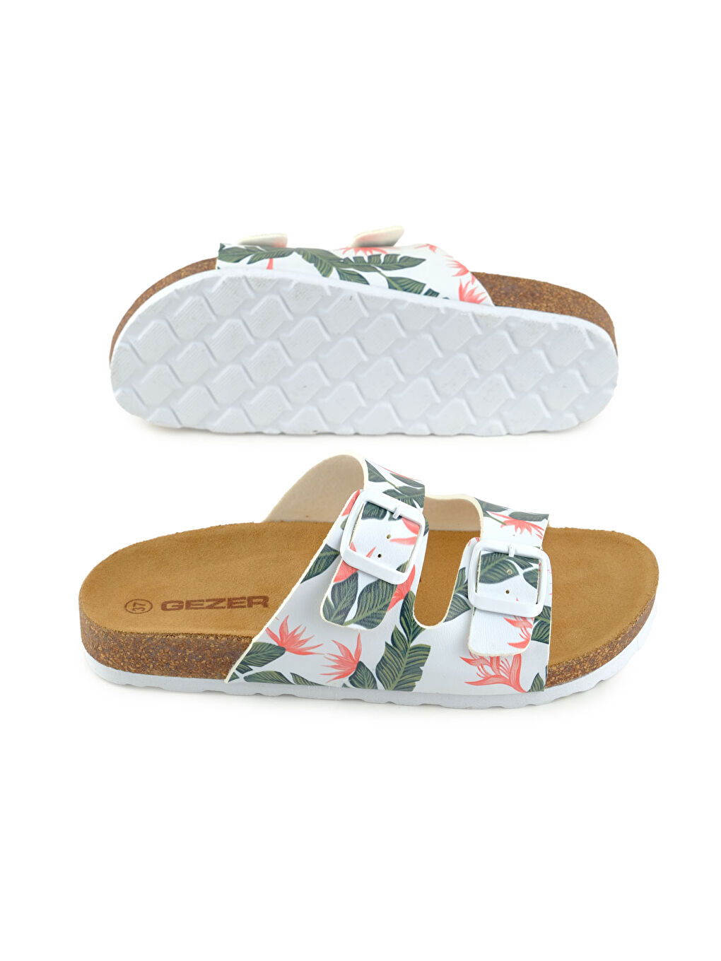 Beyaz Kadın Yazlık Rahat Mantar PVC Taban İki Toka Ayarlanabilir Günlük Terlik-4