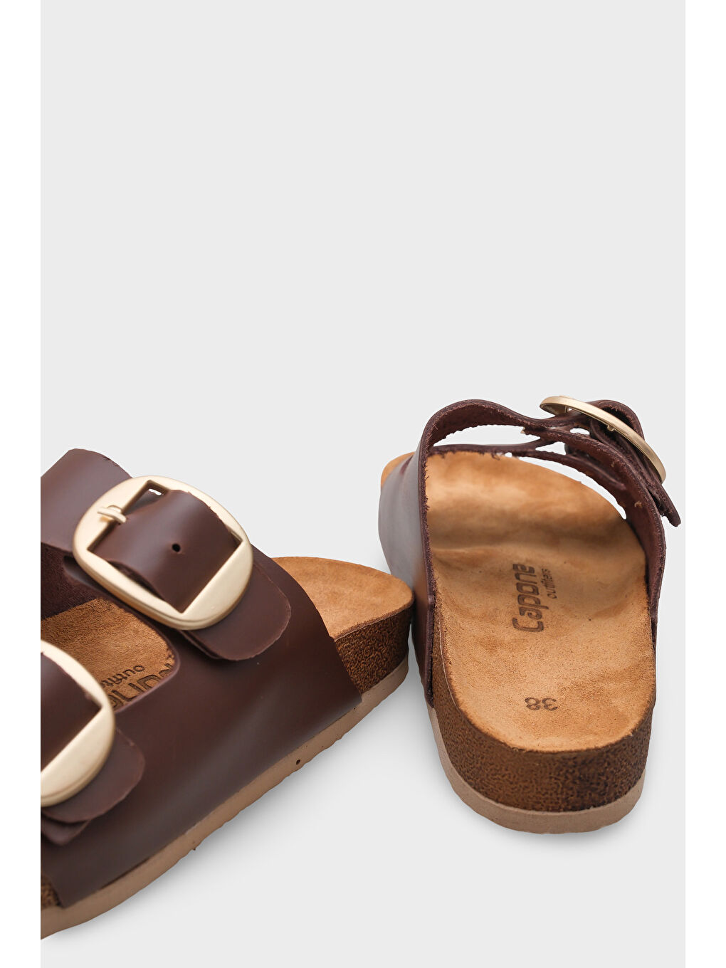 Kahverengi Cathie İki Büyük Tokalı Anatomik Mantar Tabanlı Deri Terlik-3