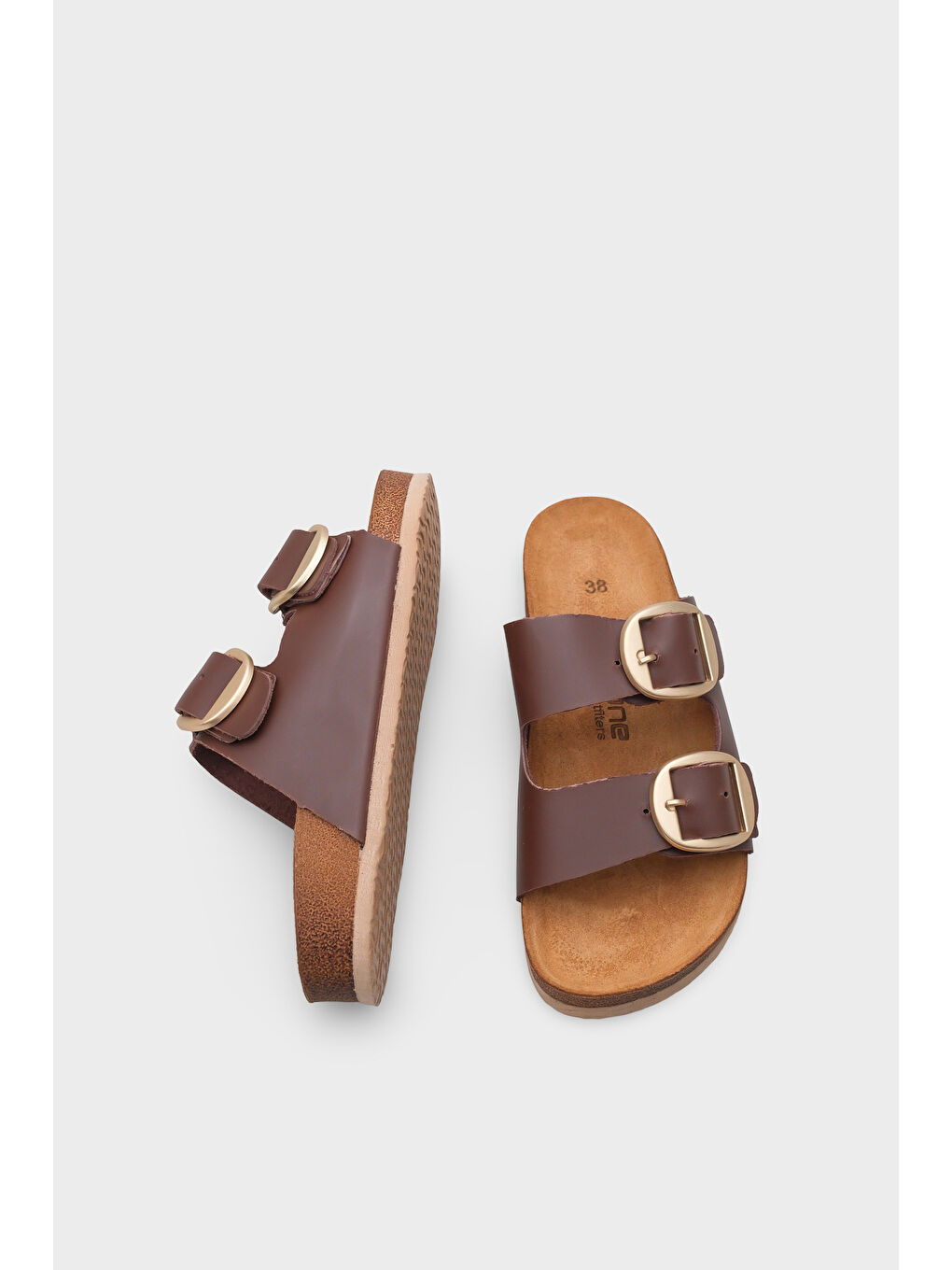 Kahverengi Cathie İki Büyük Tokalı Anatomik Mantar Tabanlı Deri Terlik-4