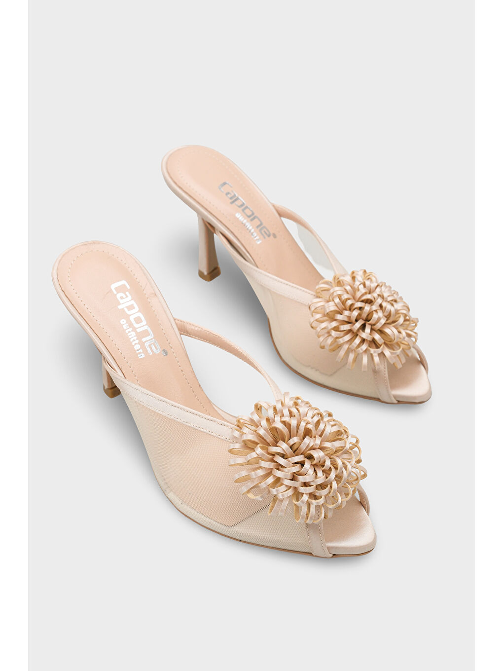 Bej Caitrin Fileli Saten Orta Topuklu Kadın Terlik-1