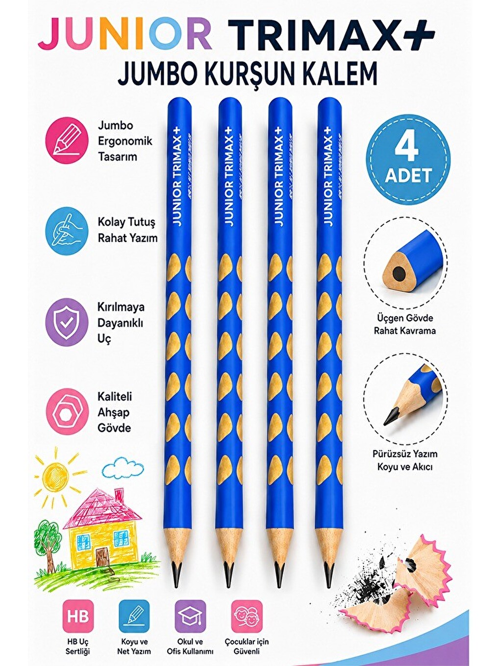 Mavi Jumbo Kurşun Kalem Oluklu 4 Adet Alpino Trimax Üçgen Oluklu Kalın Kalem Pastel Renkler Kolay Tu
