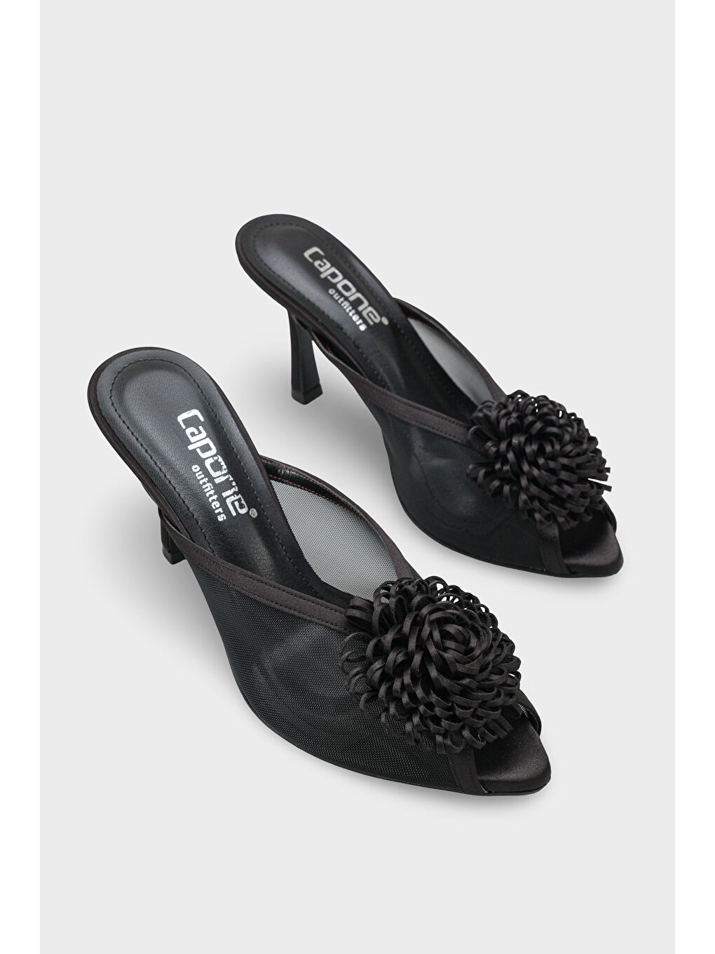Siyah Caitrin Fileli Saten Orta Topuklu Kadın Terlik-1