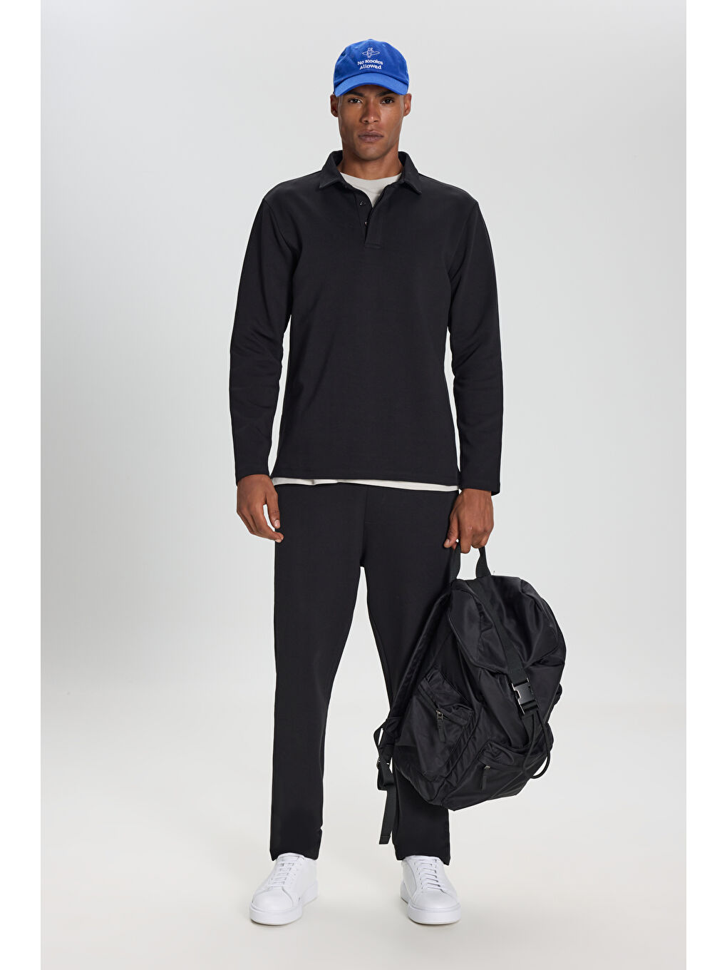 Erkek Siyah Pamuklu Slim Fit Dar Kesim Uzun Kollu Esnek Polo Yaka Tişört-1