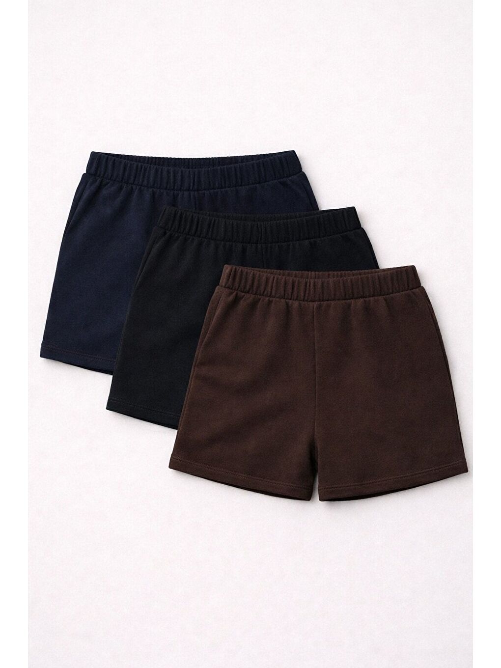 Lacivert 3'lü Paket Set Genç Kız Beli Lastikli Basic Pamuklu Şort