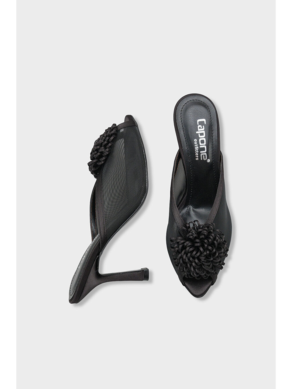 Siyah Caitrin Fileli Saten Orta Topuklu Kadın Terlik-4