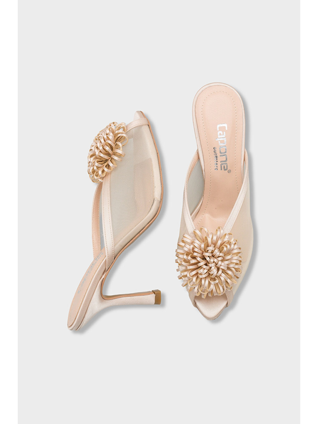 Bej Caitrin Fileli Saten Orta Topuklu Kadın Terlik-3